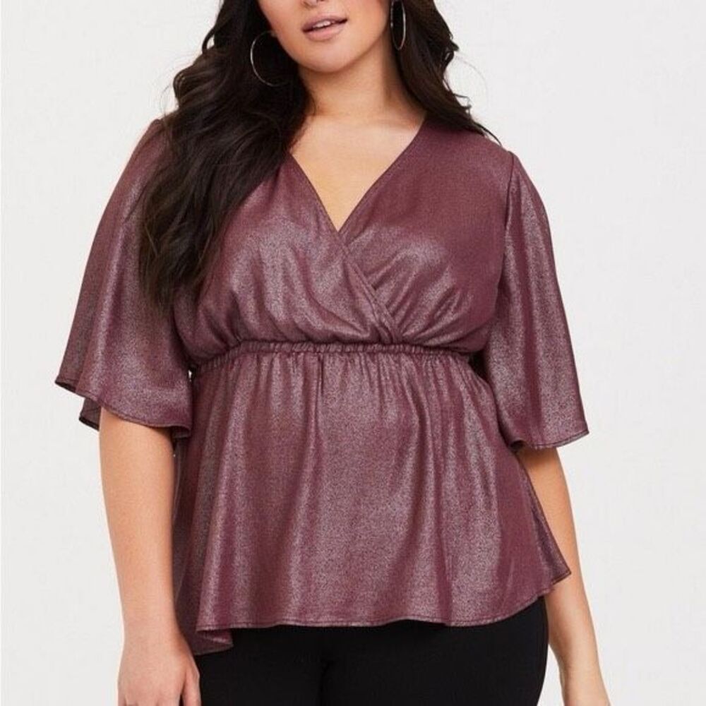 Torrid Burgundy Surplice Georgette Babydoll Blouse Size 2X Short Sleeve V-Neck